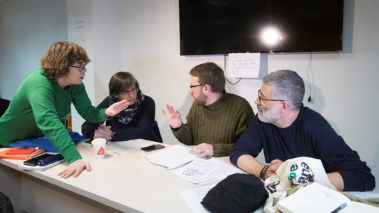 Eulalia Reguant, Mireia Boya, Vidal Aragonés y Carles Riera, durante la reunión del consejo político de la CUP Eulalia Reguant, Mireia Boya, Vidal Aragonés y Carles Riera, durante la reunión del consejo político de la CUP