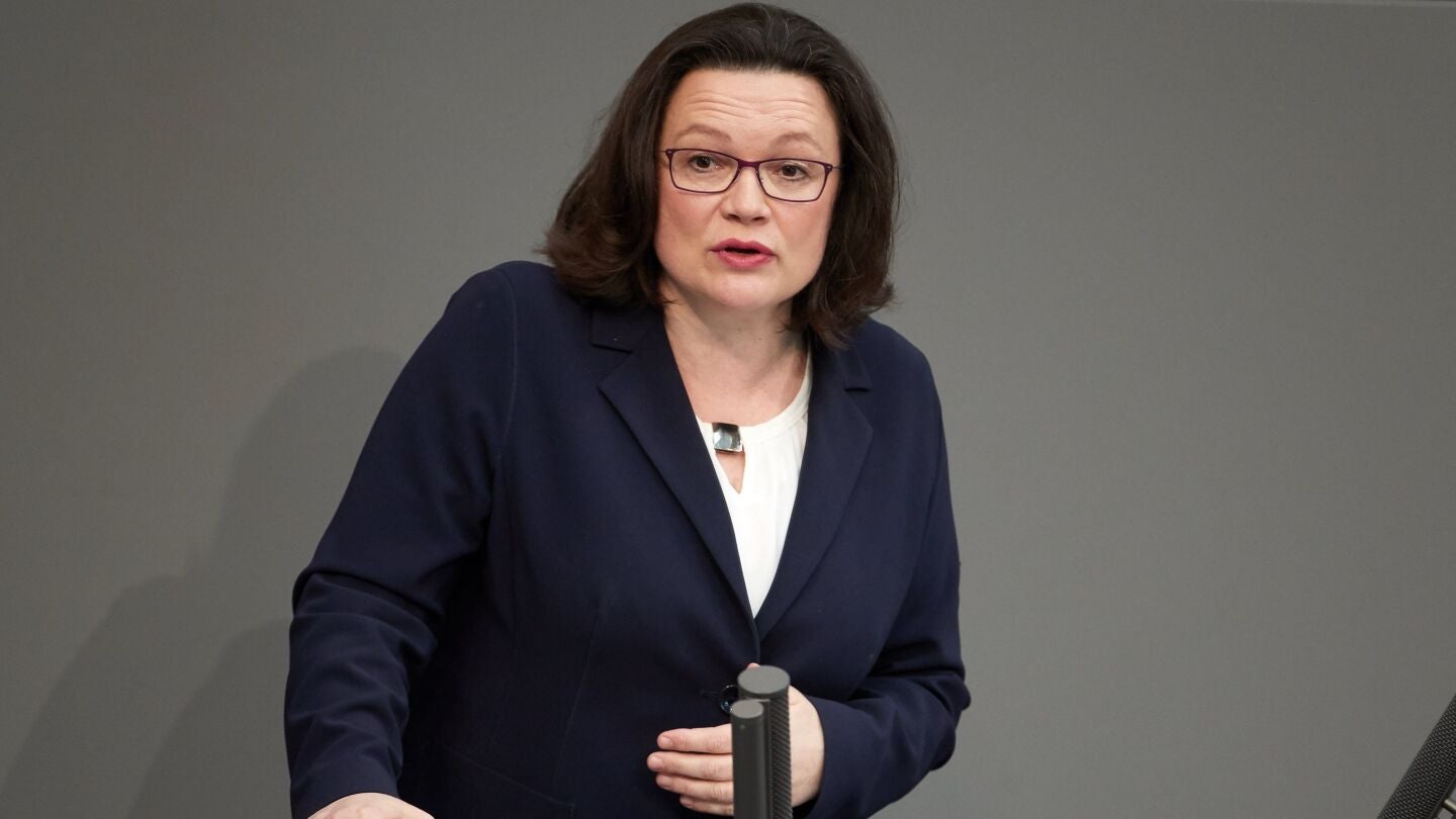 Andrea Nahles, presidenta del grupo parlamentario del Partido Socialdem&oacute;crata Alem&aacute;n (SPD),