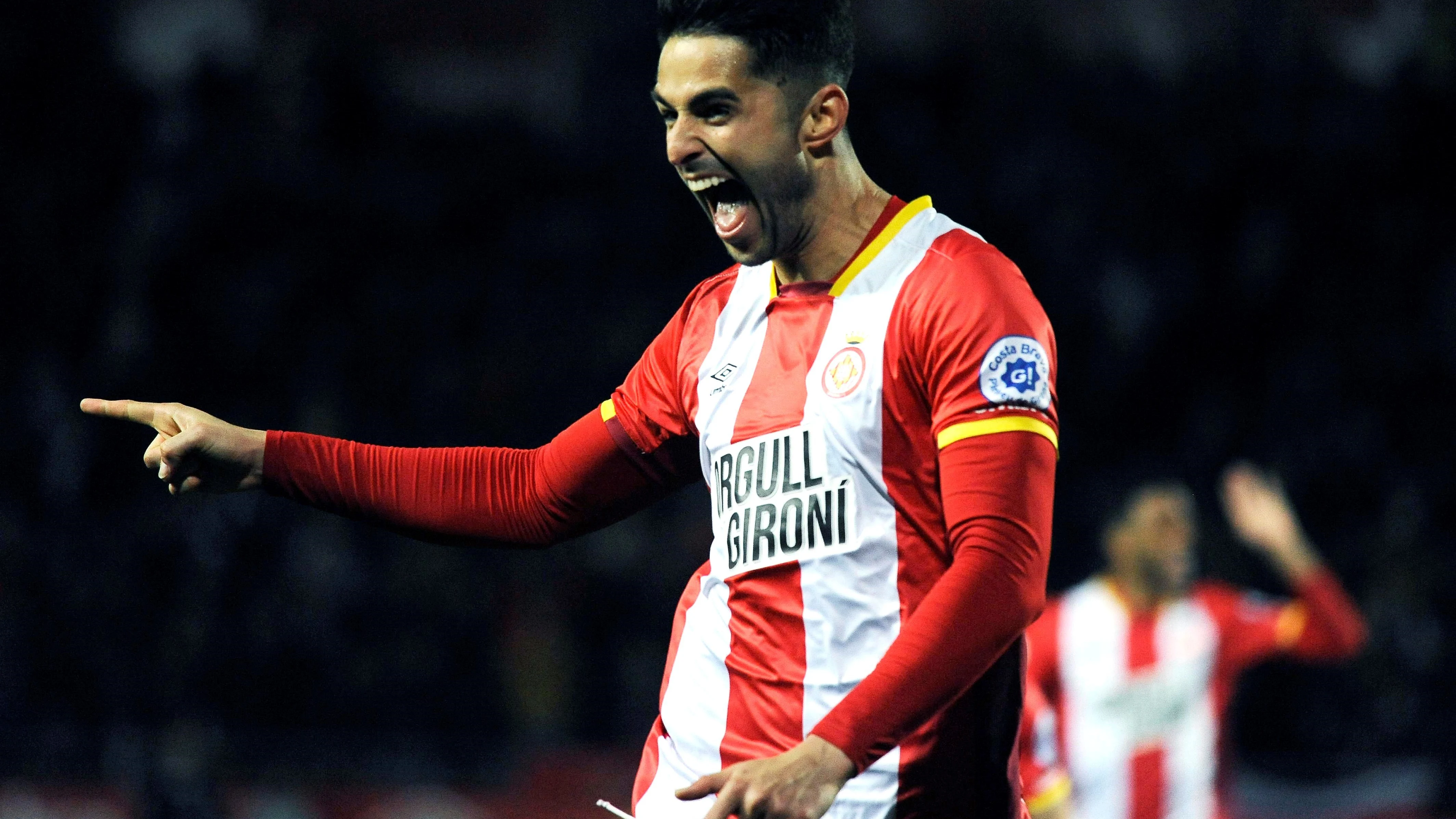 El defensa del Girona, Juan Pedro Ramírez, celebra el 2-0 ante el Deportivo