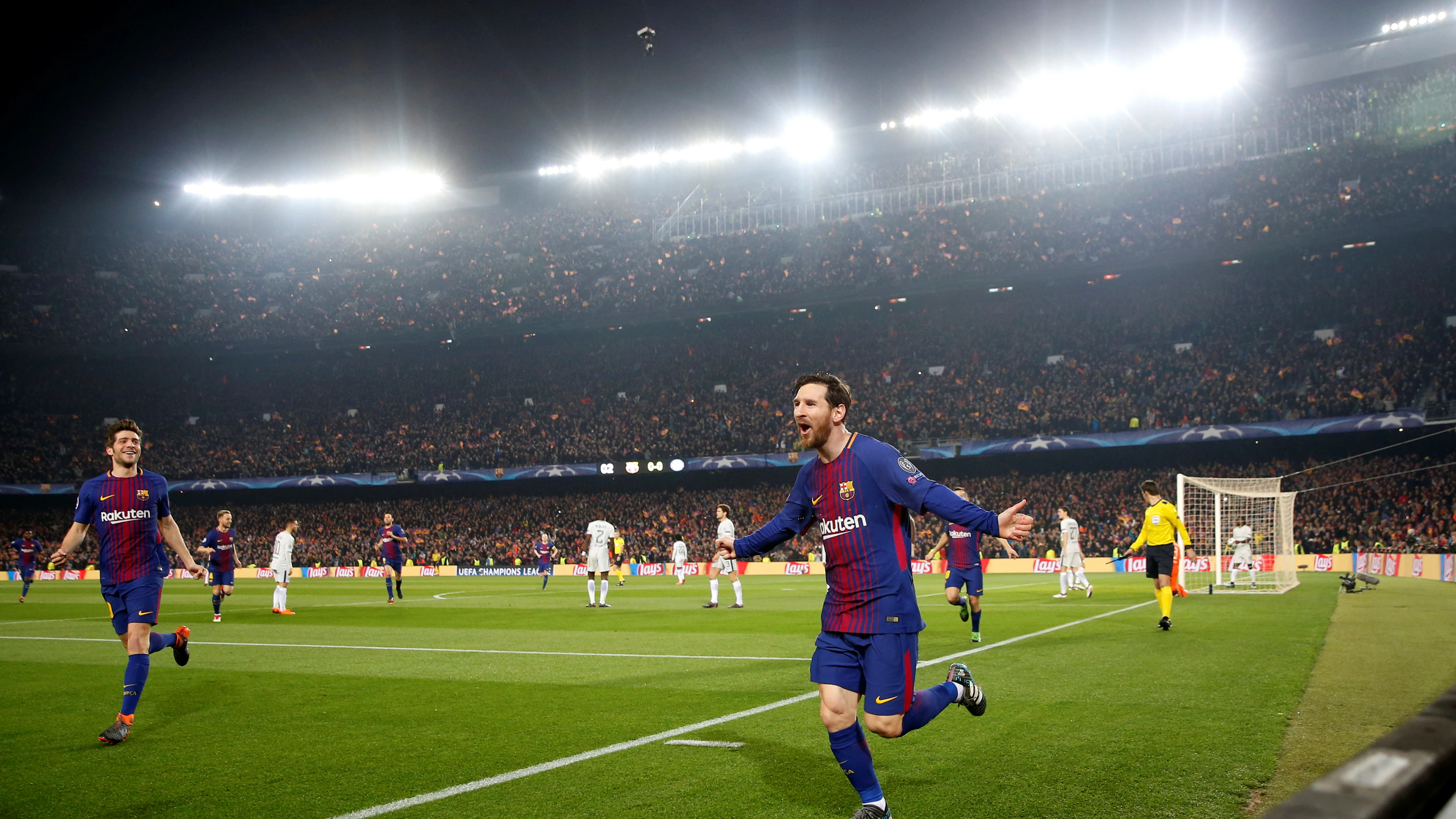 Messi celebra su primer gol contra el Chelsea