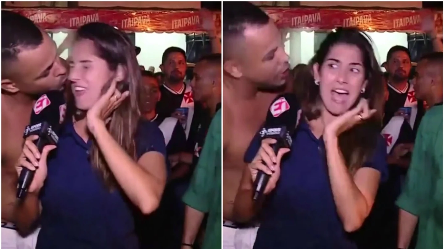 Un hincha besa a una periodista brasileña en pleno directo Un hincha besa a una periodista brasileña en pleno directo
