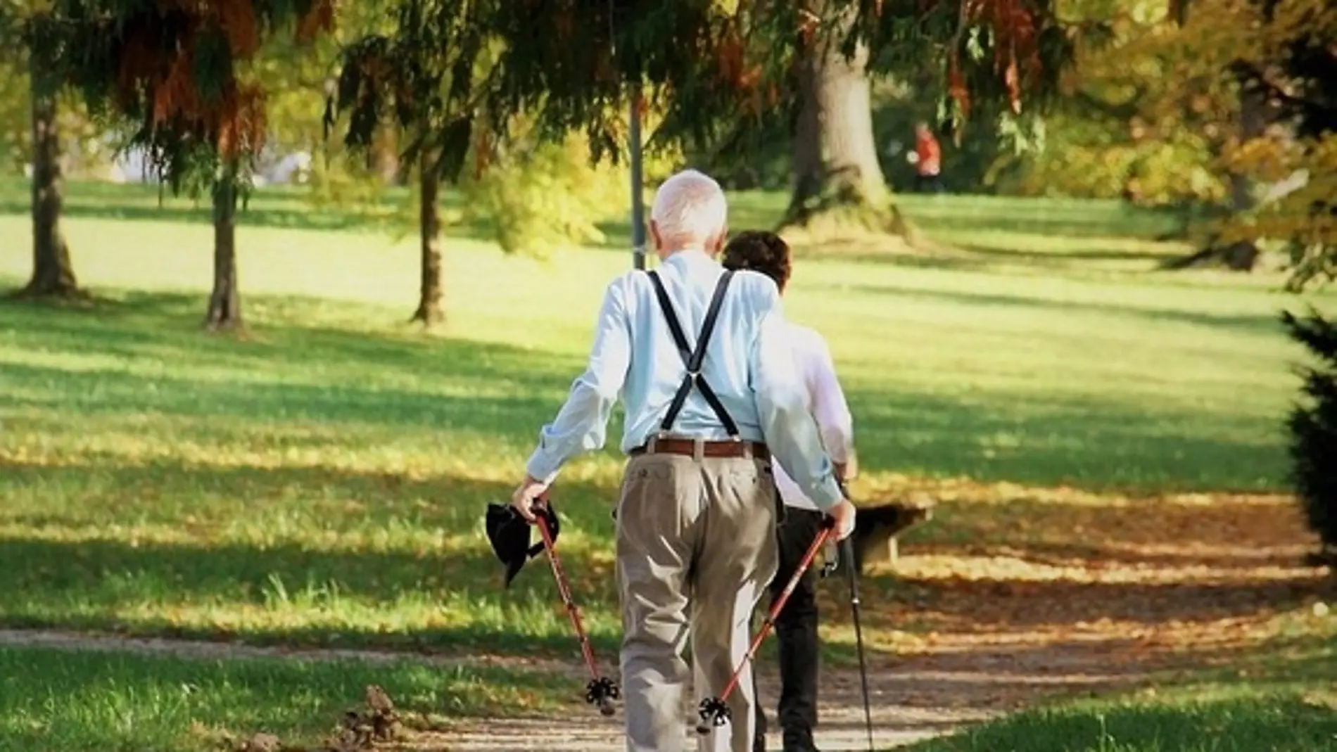Fotografía de dos personas de avanzada edad paseando por un parque.