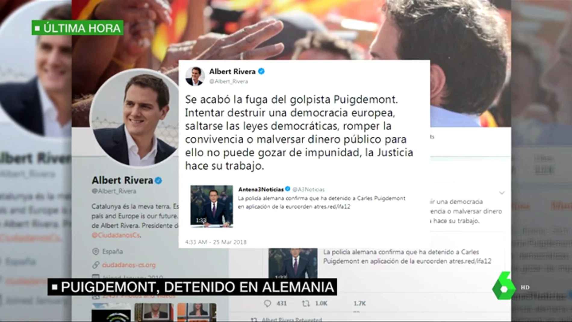Tuit de Albert Rivera sobre la detención de Carles Puigdemont