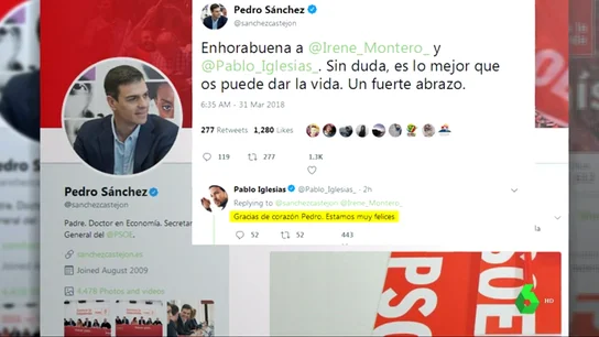 Representantes políticos como Pedro Sánchez felicitan a Irene Montero y Pablo Iglesias tras anunciar que tendrán mellizos Representantes políticos como Pedro Sánchez felicitan a Irene Montero y Pablo Iglesias tras anunciar que tendrán mellizos