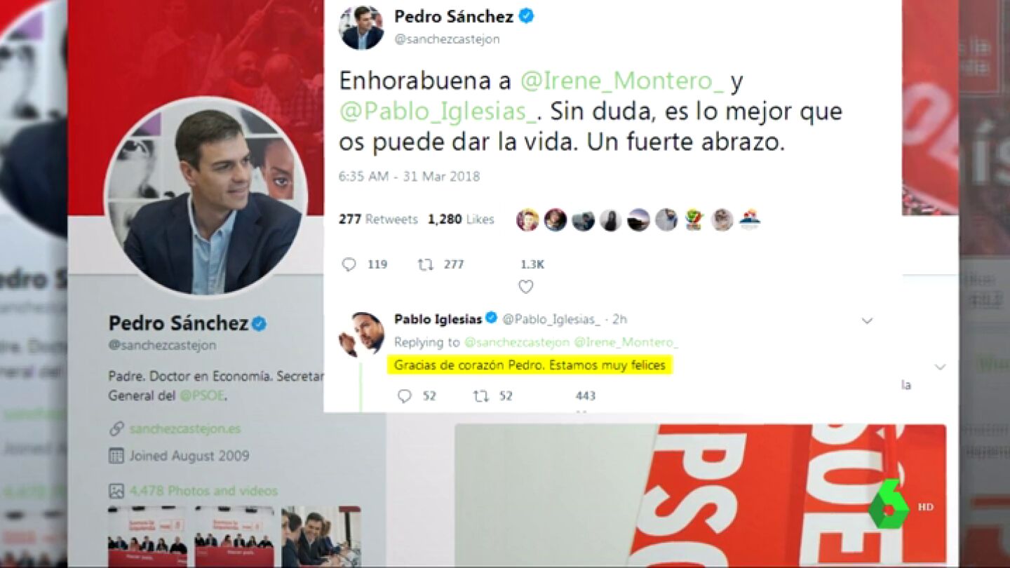 Representantes pol&iacute;ticos como Pedro S&aacute;nchez felicitan a Irene Montero y Pablo Iglesias tras anunciar que tendr&aacute;n mellizos