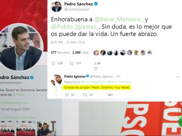 Representantes políticos como Pedro Sánchez felicitan a Irene Montero y Pablo Iglesias tras anunciar que tendrán mellizos Representantes políticos como Pedro Sánchez felicitan a Irene Montero y Pablo Iglesias tras anunciar que tendrán mellizos