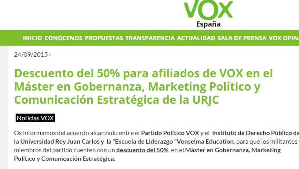 Máster de la URJC con 50% de descuento para afiliados de Vox