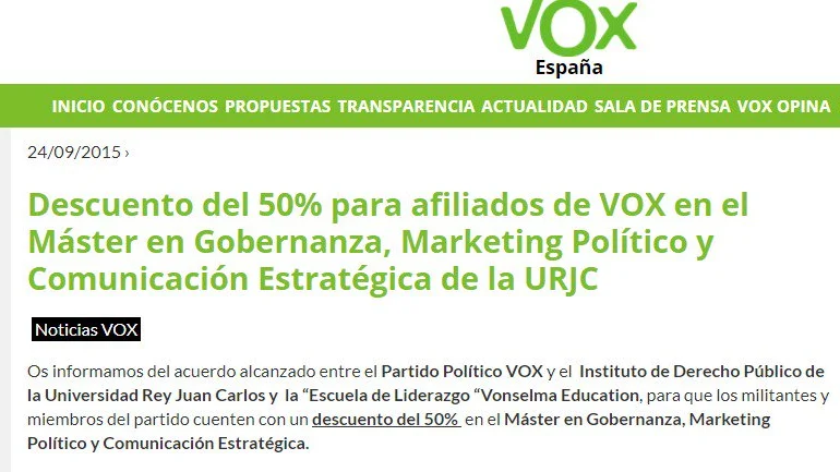 Máster de la URJC con 50% de descuento para afiliados de Vox