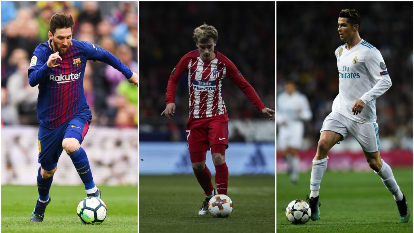 Messi, Griezmann y Cristiano, con sus respectivos equipos