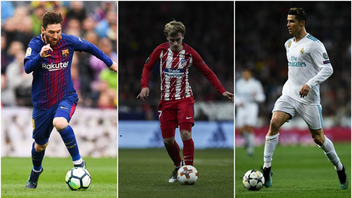 Messi, Griezmann y Cristiano, con sus respectivos equipos Messi, Griezmann y Cristiano, con sus respectivos equipos