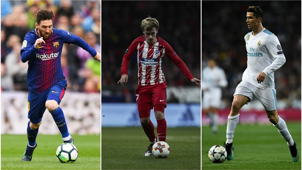 Messi, Griezmann y Cristiano, con sus respectivos equipos Messi, Griezmann y Cristiano, con sus respectivos equipos