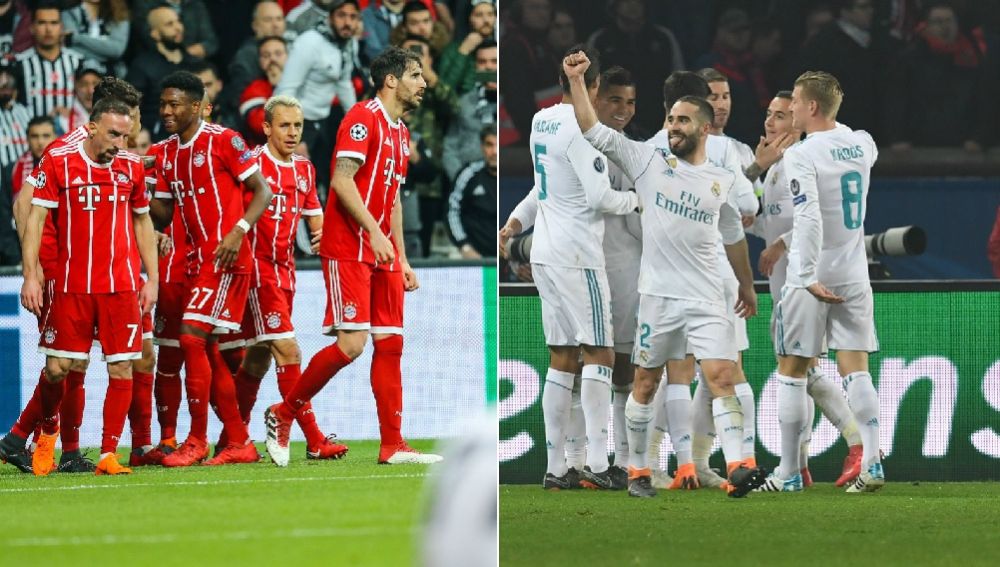 Los jugadores de Bayern y Real Madrid celebran un gol en la Champions