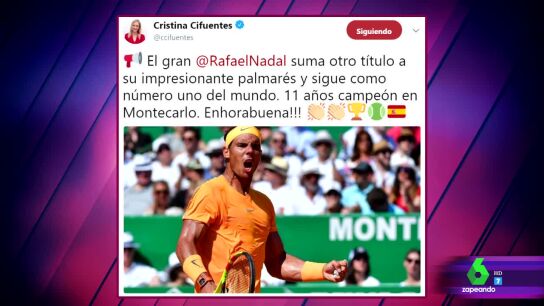 El tuit de Cifuentes felicitando a Rafa Nadal