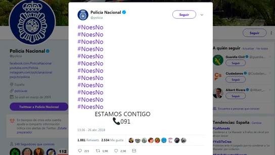 El tuit de la Policía Nacional tras la sentencia a La Manada El tuit de la Policía Nacional tras la sentencia a La Manada