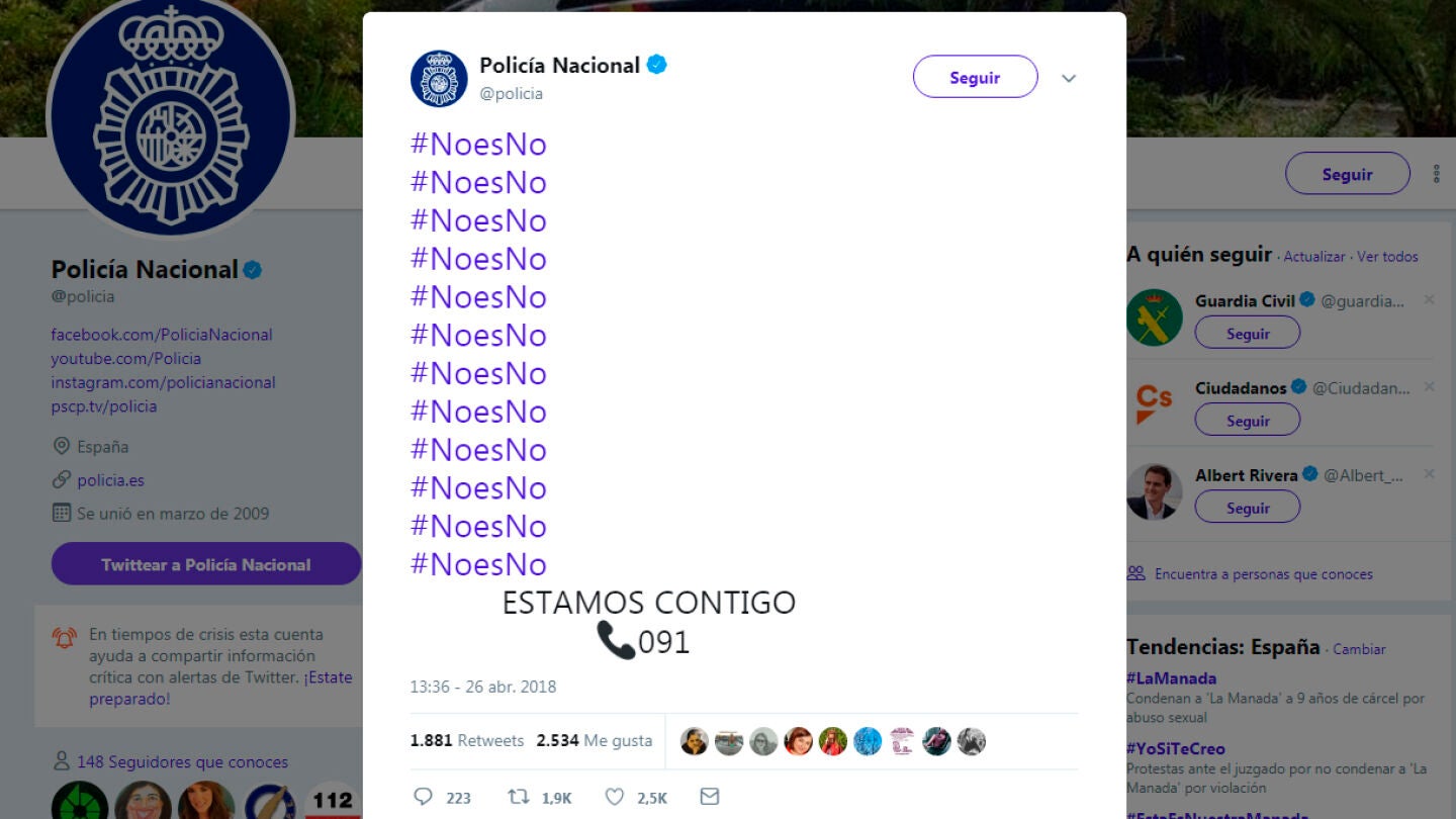 El tuit de la Polic&iacute;a Nacional tras la sentencia a La Manada