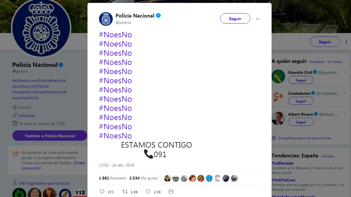 El tuit de la Policía Nacional tras la sentencia a La Manada El tuit de la Policía Nacional tras la sentencia a La Manada