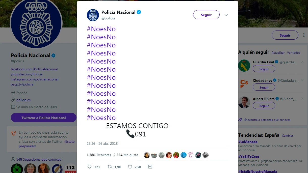 El tuit de la Policía Nacional tras la sentencia a La Manada