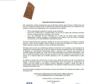 Imagen del comunicado de ETA Imagen del comunicado de ETA