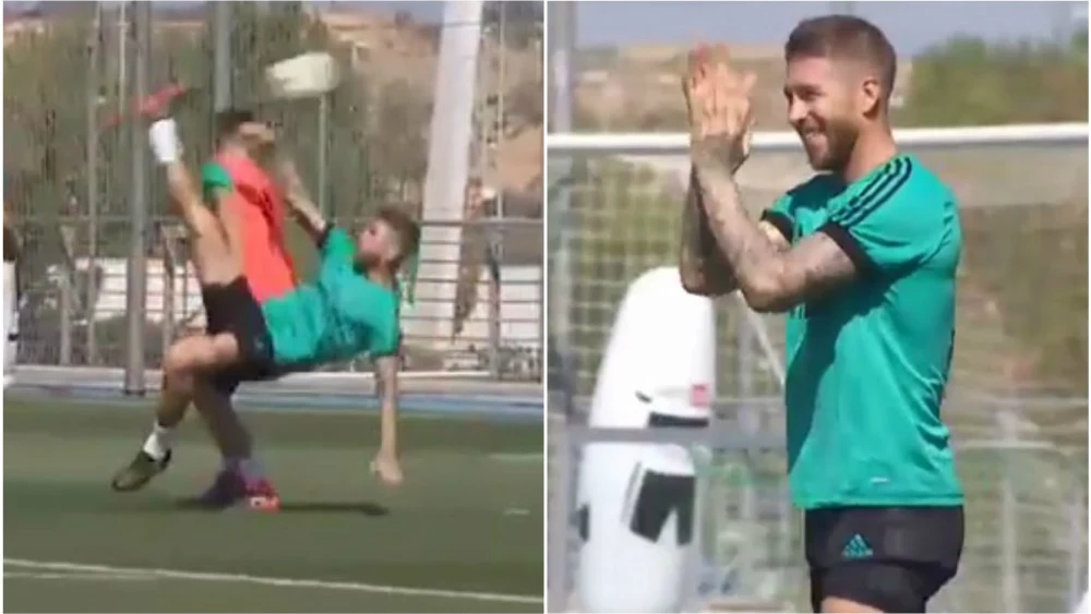 Ramos aplaude tras el paradón de Keylor a su chilena