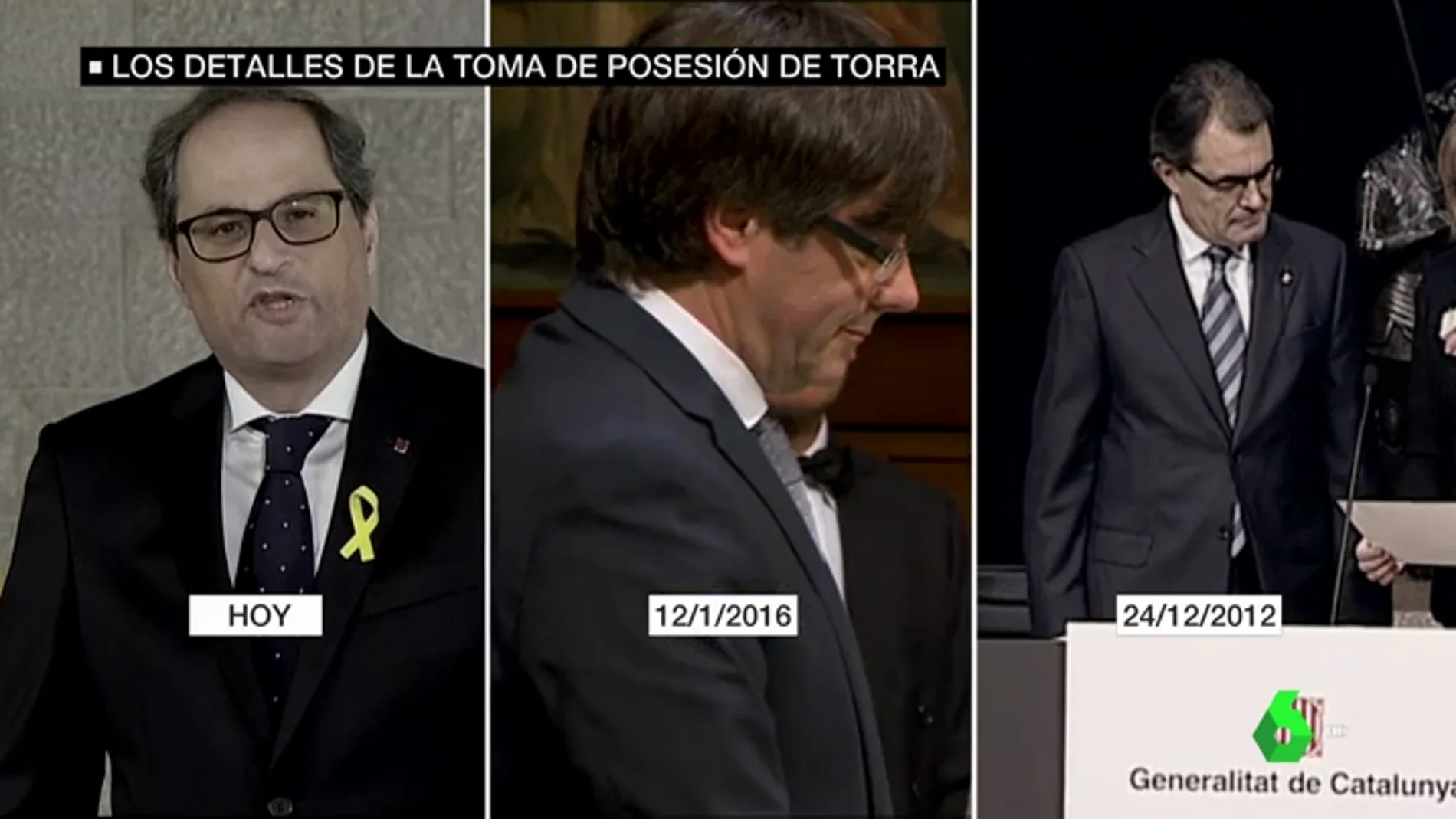 Imagen comparativa de las tomas de posesión de Torra, Puigdemont y Mas