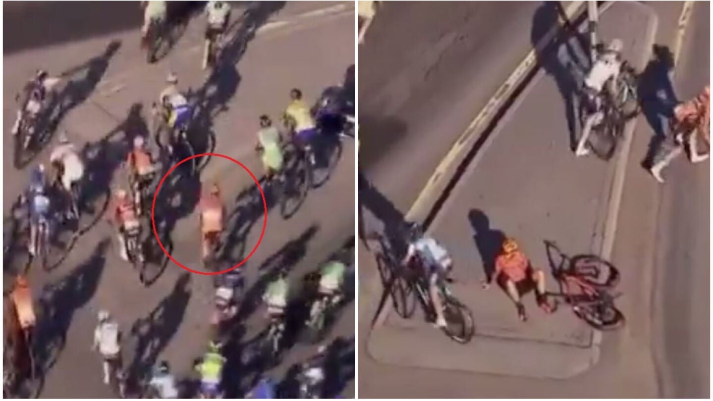 Un ciclista finge caerse para descansar