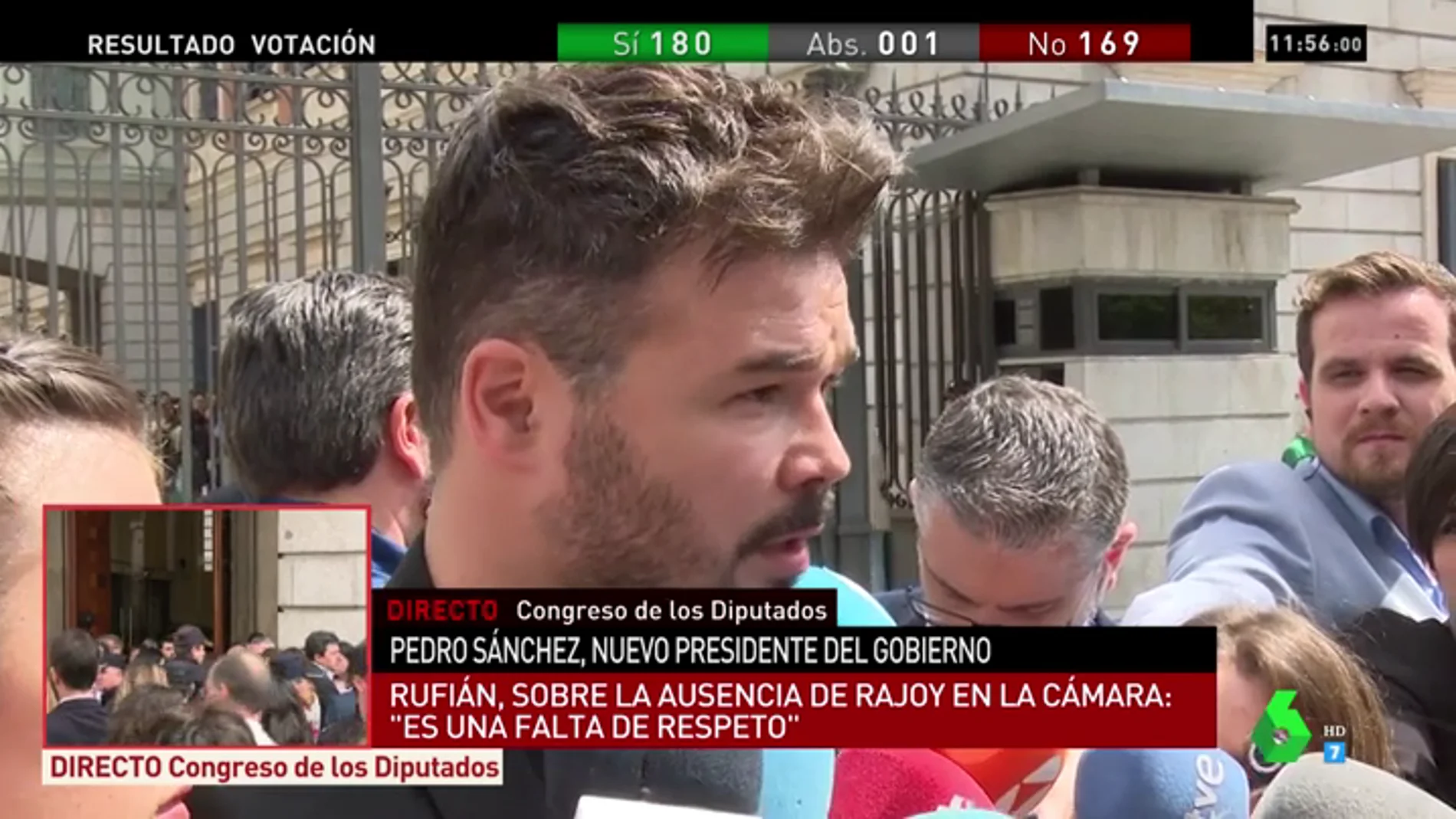 Rufían matiza el voto de ERC a favor del PSOE en la moción de censura: "No le tenemos manía, pero sí memoria"