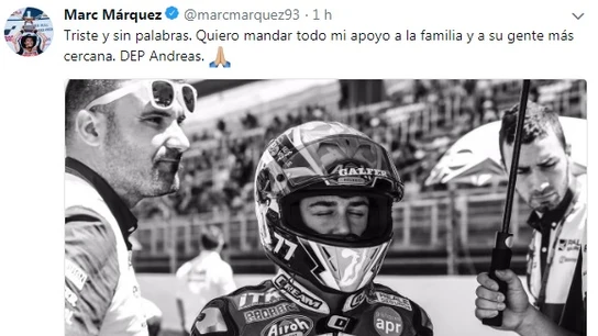 Tuit de Marc Márquez lamentado la muerte de Andreas Pérez Tuit de Marc Márquez lamentado la muerte de Andreas Pérez