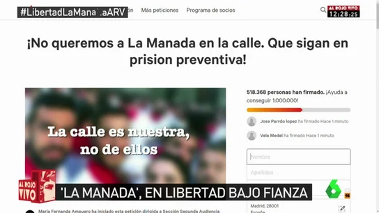Más de medio millón de personas firman en menos de 24 horas para mantener a 'La Manada' en prisión Más de medio millón de personas firman en menos de 24 horas para mantener a 'La Manada' en prisión