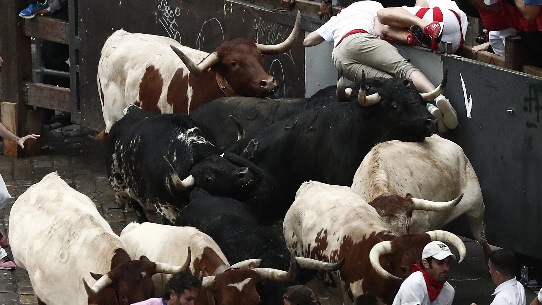 Imagen del primer encierro de San Fermín con los toros de la ganadería de Puerto de San Lorenzo