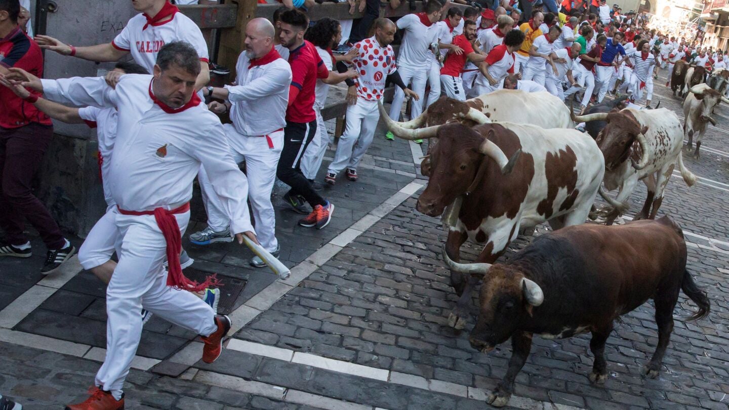 Los toros de la ganader&iacute;a Cebada Gago protagonizan el tercer encierro de los Sanfermines en Pamplona.