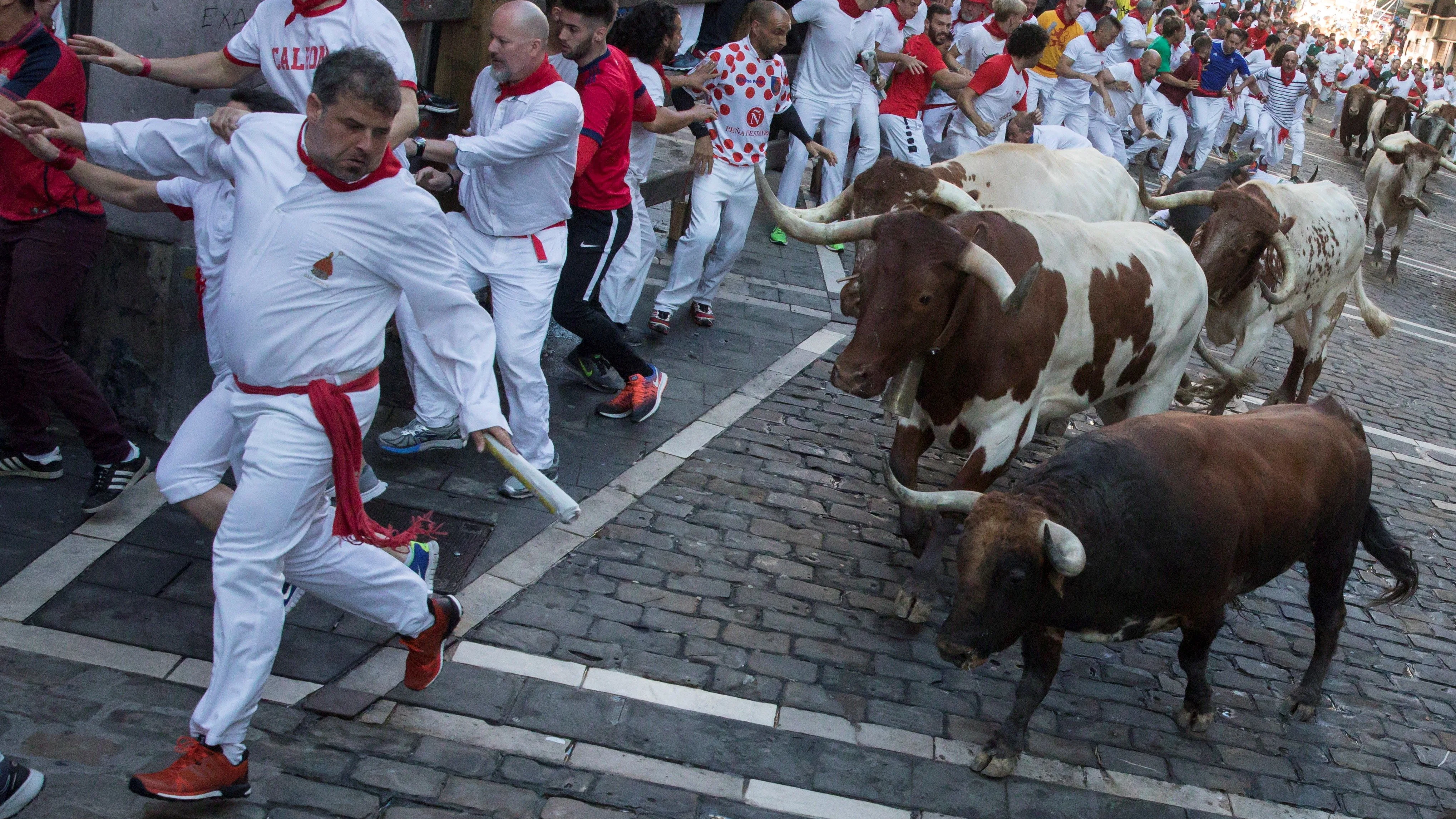 Los toros de la ganadería Cebada Gago protagonizan el tercer encierro de los Sanfermines en Pamplona.