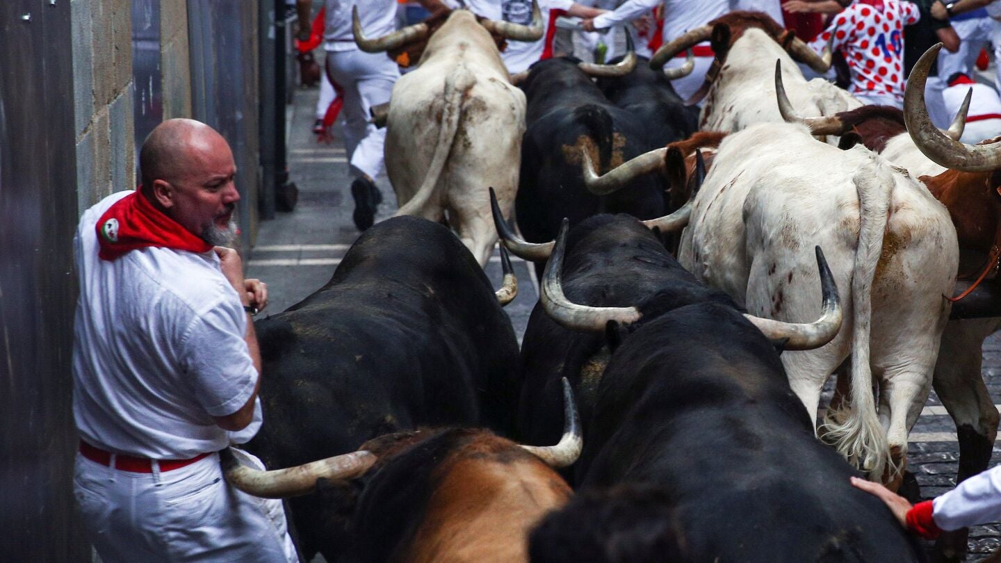 Los toros de la ganader&iacute;a madrile&ntilde;a de Victoriano del R&iacute;o Cort&eacute;s hacen su entrada en la calle Estafeta tras pasar por la curva de Mercaderes 