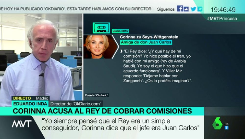 Eduardo Inda habla sobre las grabaciones de Corinna en Más Vale Tarde.