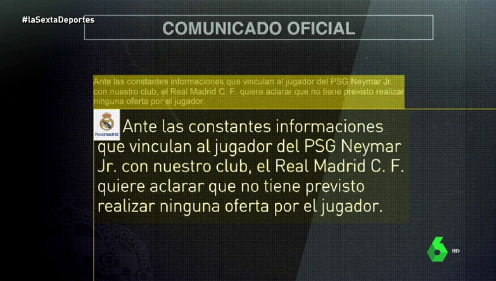 El Real Madrid informa que "no tiene previsto realizar ninguna oferta" por Neymar