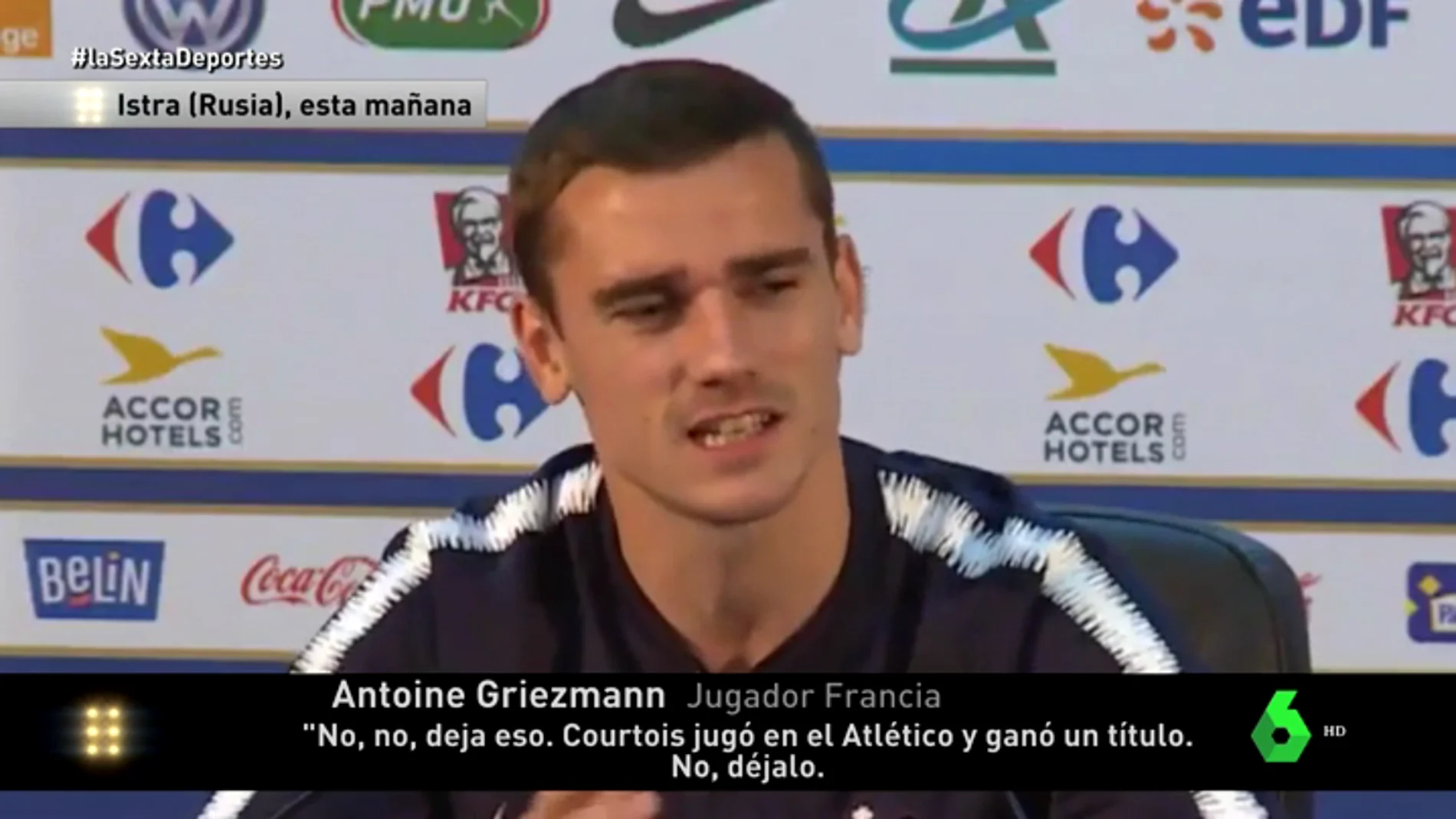 El palo de Griezmann a Courtois en rueda de prensa: "Ha jugado en el Atlético de Madrid, juega en el Chelsea, creo que juega como el Barça"