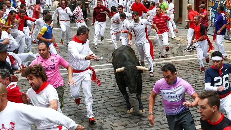 Un toro de la ganadería extremeña de Jandilla a su paso por la curva de Mercaderes durante el séptimo encierro de los Sanfermines 2018, en el que un corredor ha resultado corneado.