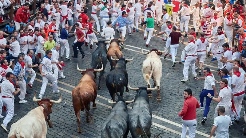 Los toros de la ganadería sevillana de Miura entran en la Plaza del Ayuntamiento de Pamplona durante el octavo y último encierro de los Sanfermines 2018.