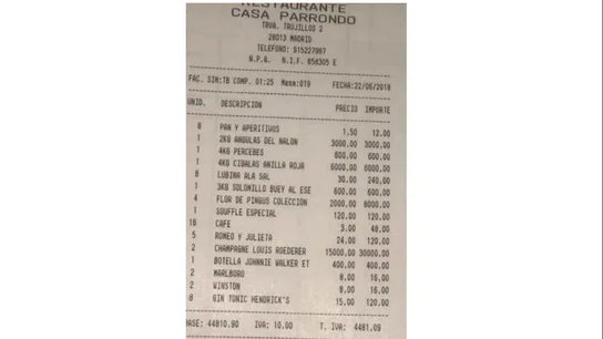 Una factura bañada en oro: 50.000 euros por una cena para ocho personas Una factura bañada en oro: 50.000 euros por una cena para ocho personas