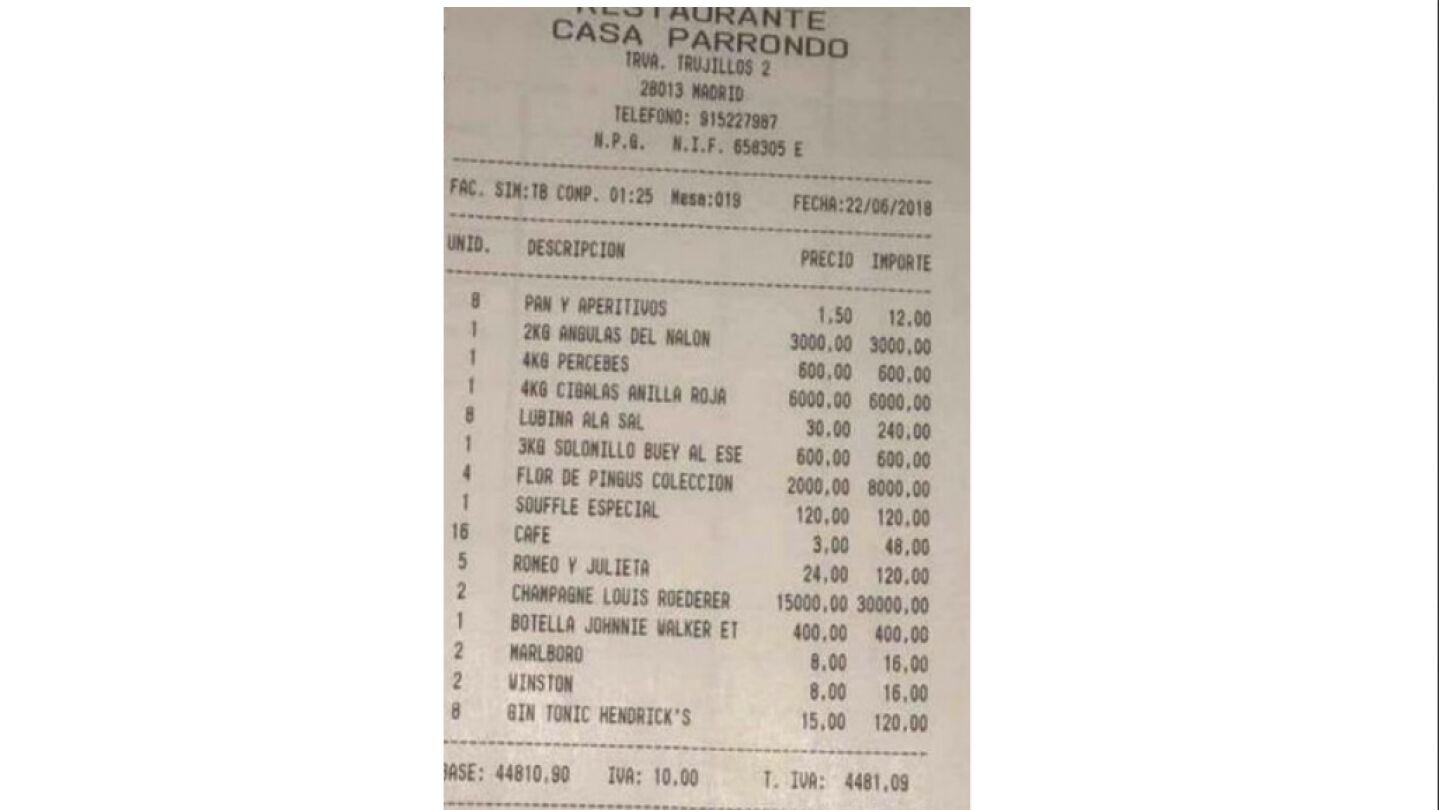 Una factura ba&ntilde;ada en oro: 50.000 euros por una cena para ocho personas