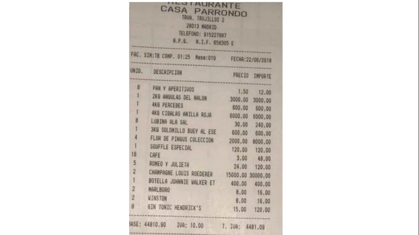 Una factura bañada en oro: 50.000 euros por una cena para ocho personas Una factura bañada en oro: 50.000 euros por una cena para ocho personas