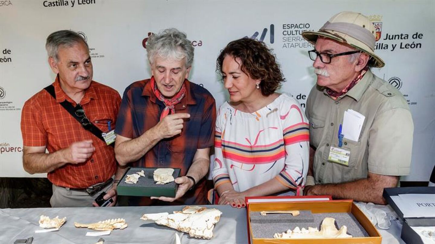 Los directores de las excavaciones arqueol&oacute;gicas de la sierra de Atapuerca y la consejera de cultura y turismo de la Junta de Castilla y Le&oacute;n