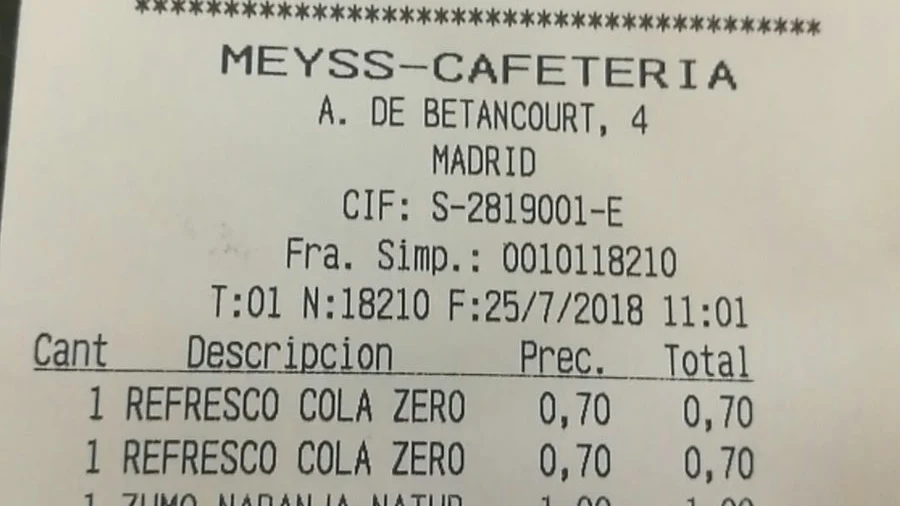 Ticket de la cafetería del Ministerio de Trabajo