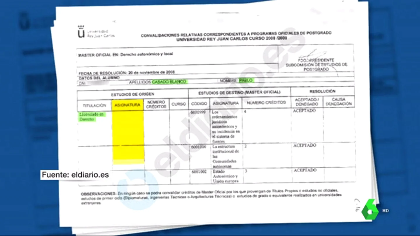 Máster de Pablo Casado: el documento que muestra las irregularidad en la convalidación de las asignaturas Máster de Pablo Casado: el documento que muestra las irregularidad en la convalidación de las asignaturas