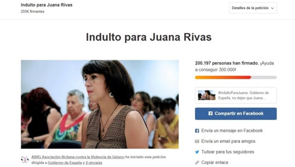 En la imagen la plataforma donde se puede firmar el indulto para Juana Rivas