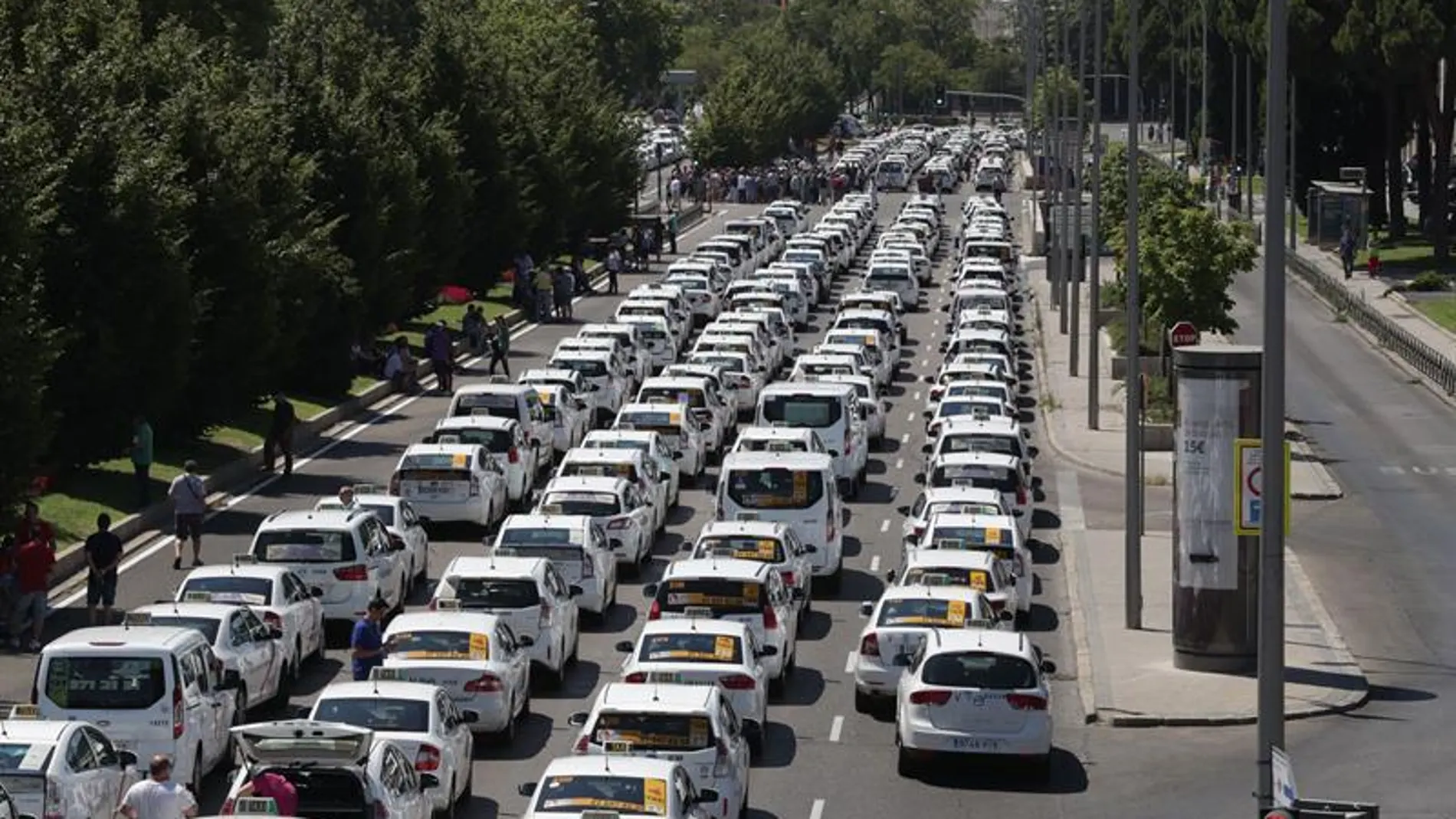 Un grupo de taxis permanecen concentrados a su paso por el ministerio de Fomento