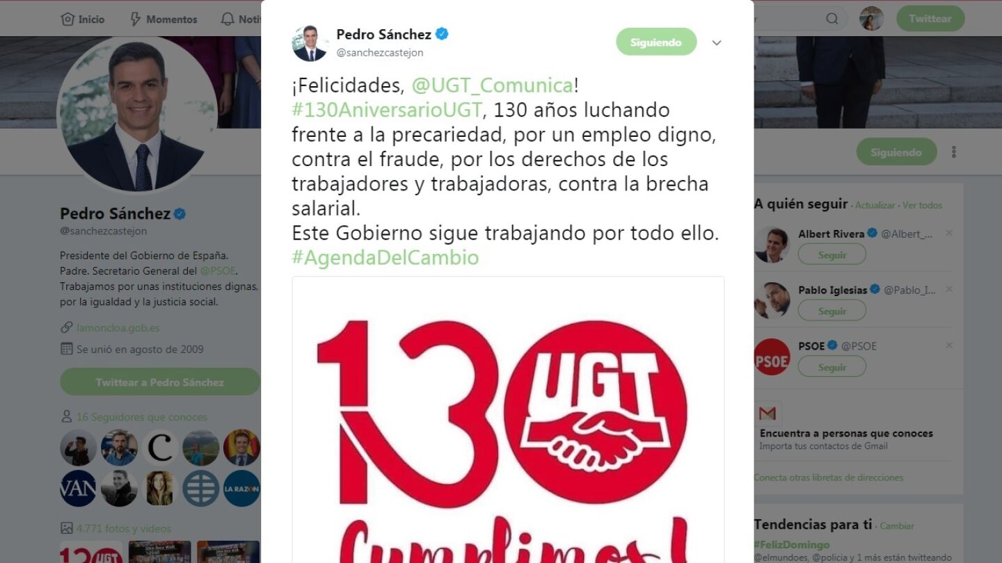 Tweet de Pedro S&aacute;nchez por el aniversario de UGT