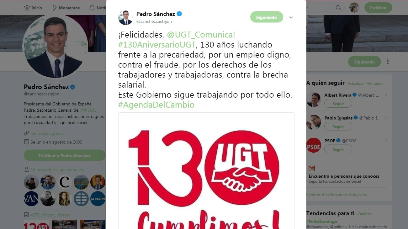 Tweet de Pedro Sánchez por el aniversario de UGT