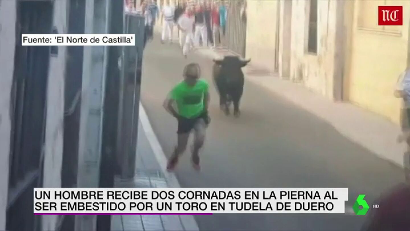 Un toro embiste a un hombre que corr&iacute;a con las manos en los bolsillos en Tudela del Duero, Valladolid