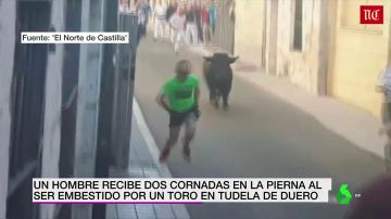 Un toro embiste a un hombre que corría con las manos en los bolsillos en Tudela del Duero, Valladolid