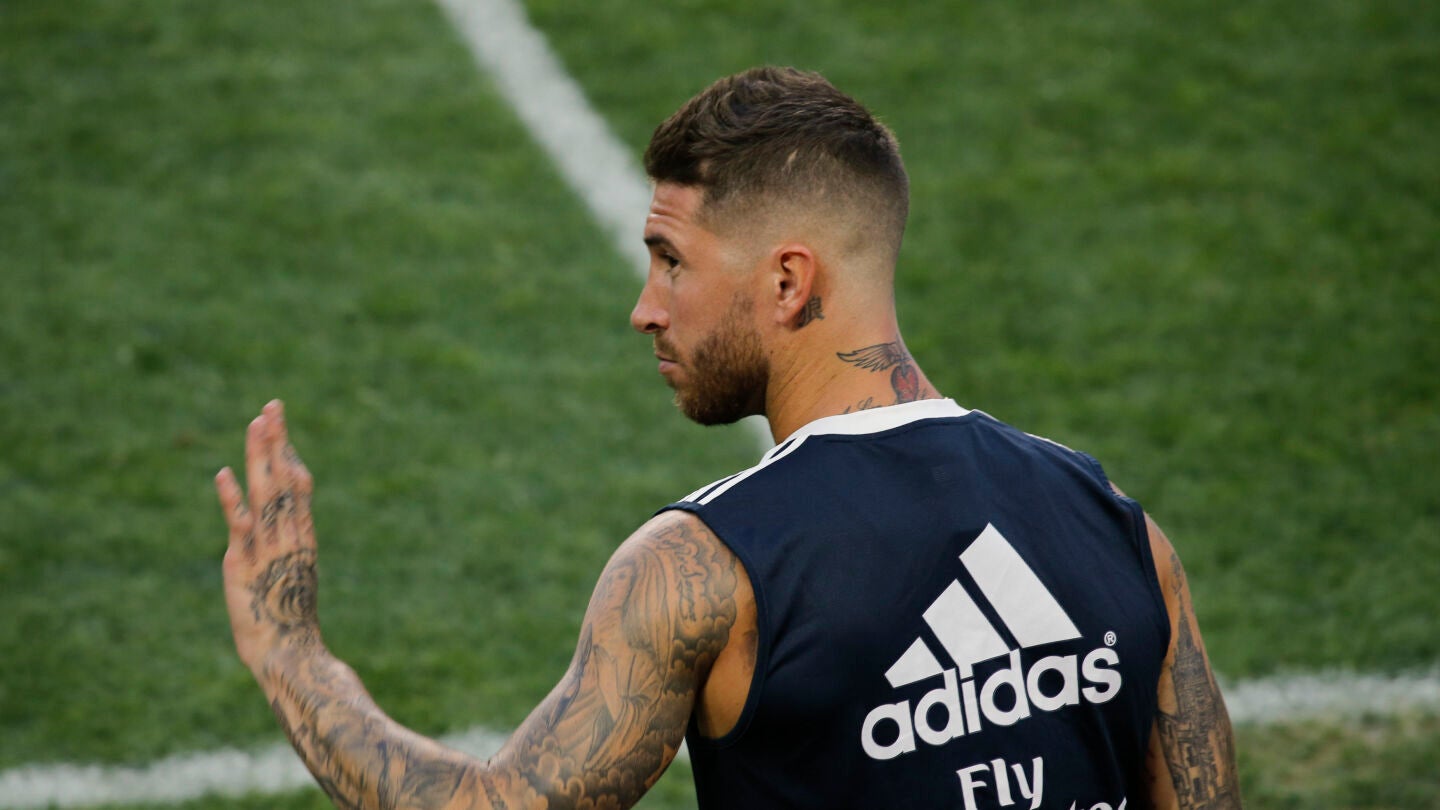 Sergio Ramos, durante el entrenamiento del Real Madrid